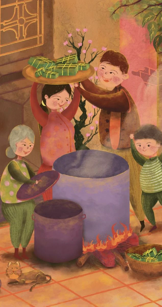 Gia đình sum họp nấu bánh Tết