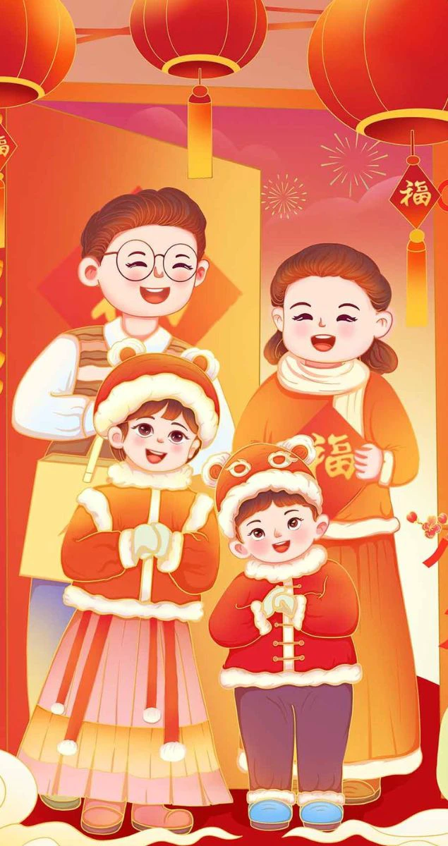 Hình nền gia đình chúc Tết phong cách Trung hoa