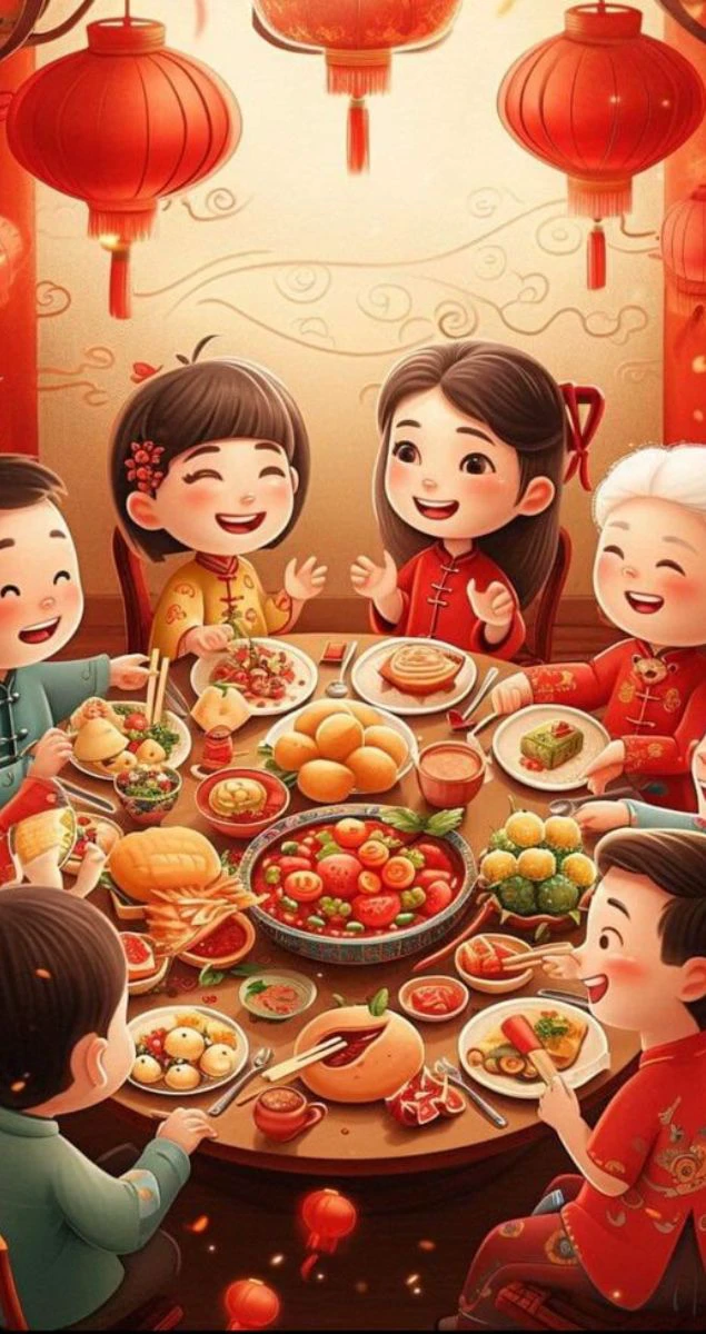 Hình nền gia đình đón Tết bên mâm cơm đầu năm
