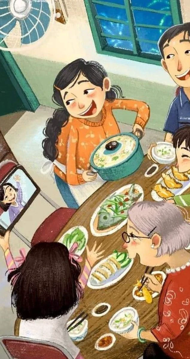Hình ảnh gia đình quây quần bên mâm cơm Tết