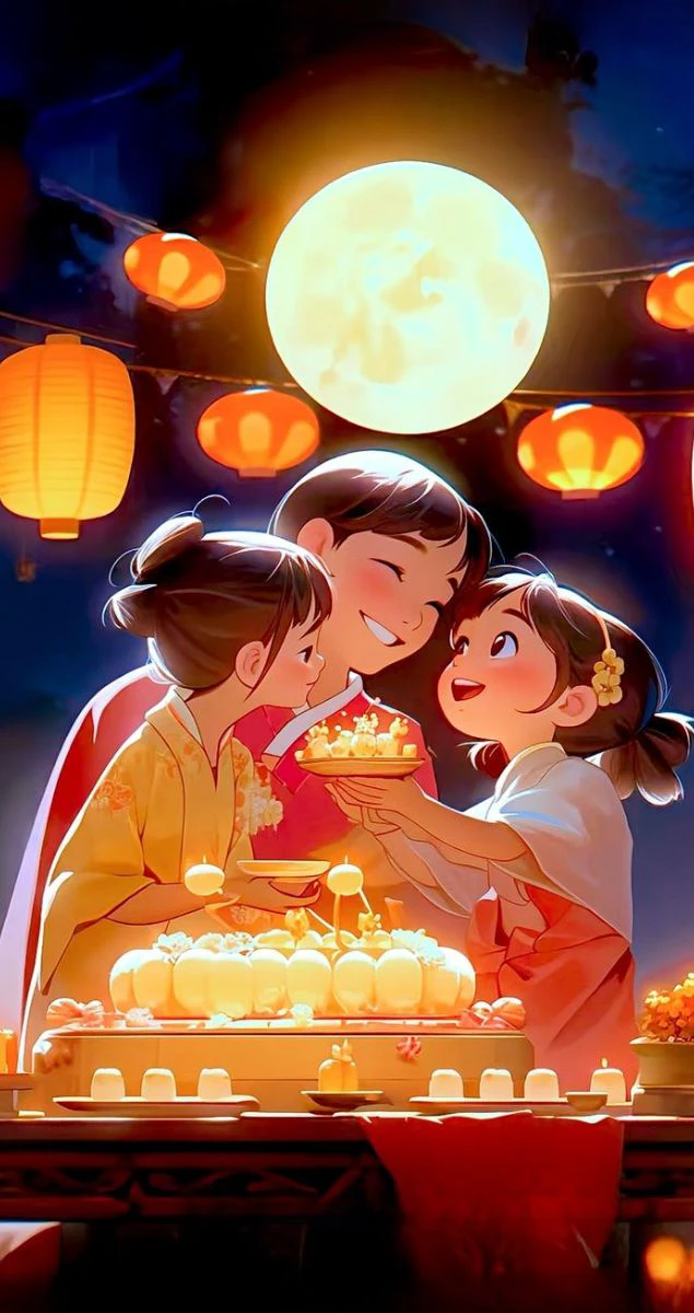 Bé vui vẻ bên mẹ ngắm trăng thưởng bánh