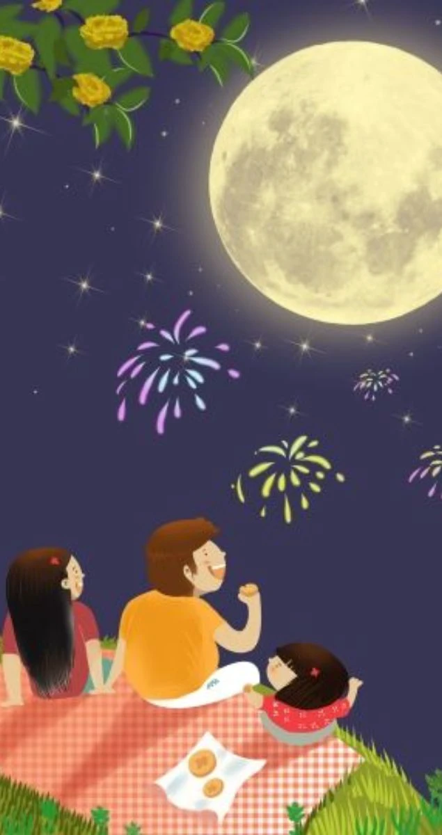 Ngắm trăng và pháo hoa trên mái nhà