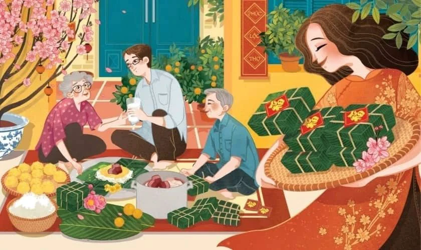 Hình nền Tết 2025 gia đình bên cây đào