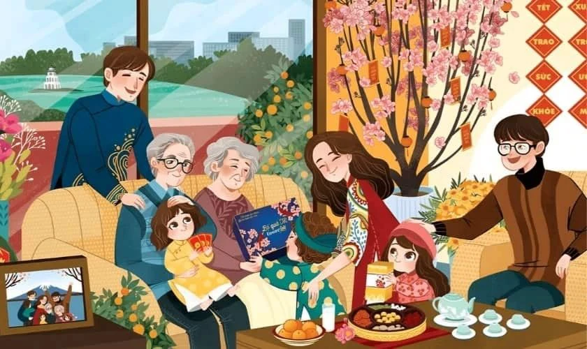 Gia đình đón Tết hạnh phúc bên đào hồng