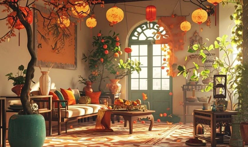 Ngôi nhà trang hoàng Tết cùng cây đào