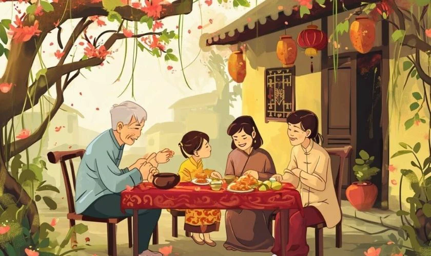 Background gia đình đón Tết bên cây đào cho máy tính