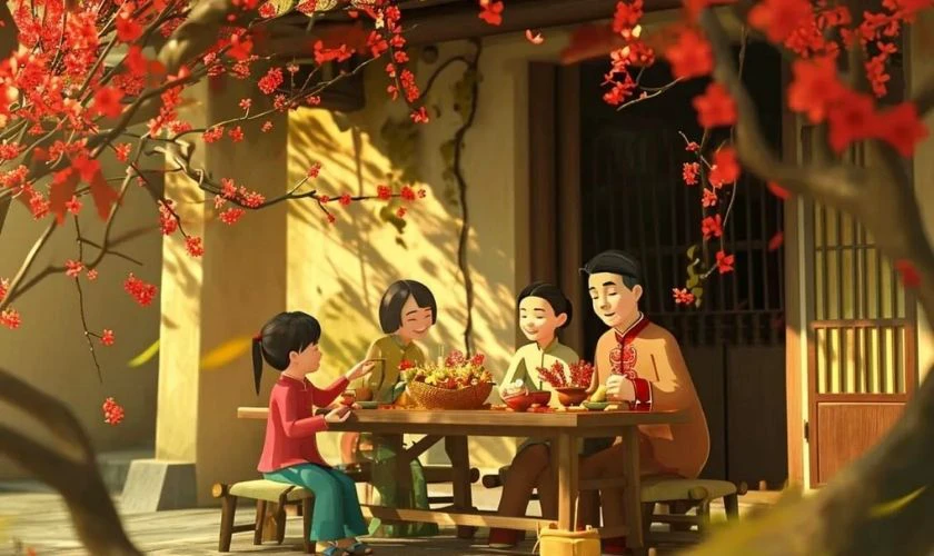 Hình ảnh gia đình đón Tết bên cây đào đỏ thắm