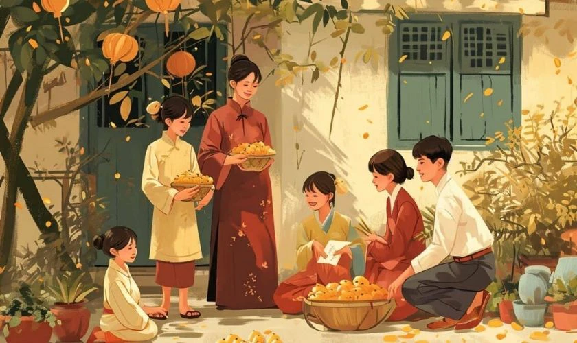 Hình nền Tết gia đình có cây mai vàng ấm áp