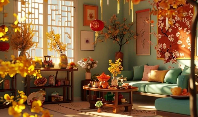 Nhà thêm không khí Tết với hình ảnh mai vàng