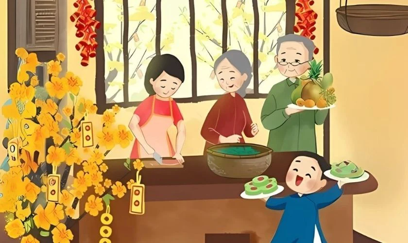 Background máy tính với hoa mai ngày Tết bên gia đình
