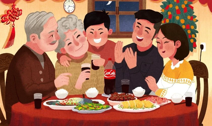 Gia đình vui vẻ ăn cơm ngày Tết
