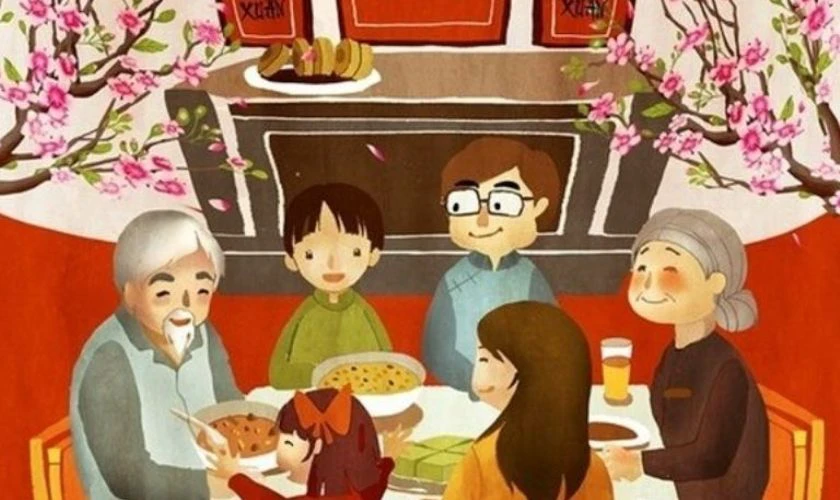 Gia đình hạnh phúc quây quần bên mâm cơm Tết