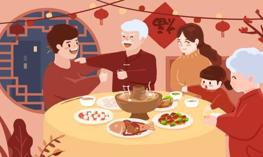 Gia đình vui vẻ bên bàn tiệc Tết 2025