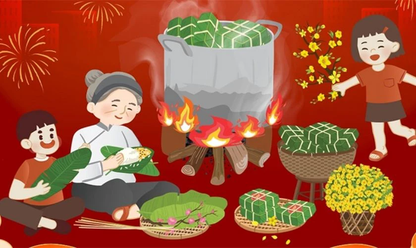 Bánh chưng xanh nền đỏ chuẩn Tết cùng gia đình