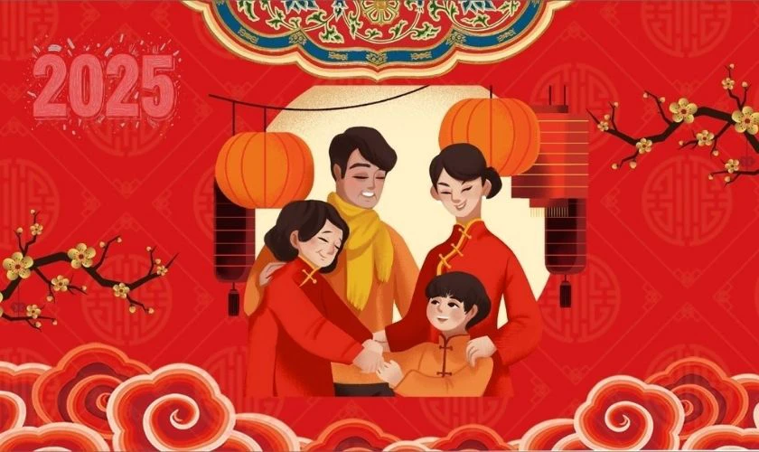 Hình nền Tết 2025 gia đình màu đỏ tươi tắn
