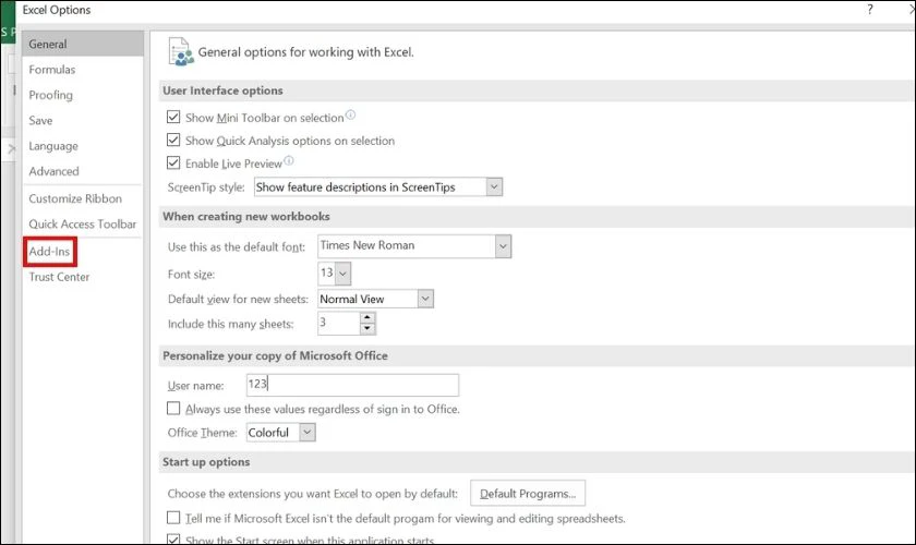Cửa sổ Excel Options sẽ hiện ra, bạn nhấn v&agrave;o Add-ins
