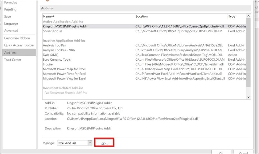 Tại mục Manage, bạn tiếp tục chọn Go b&ecirc;n cạnh Add-ins