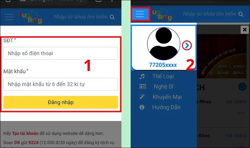 Đăng nhập v&agrave;o funring.vn v&agrave; nhấn v&ocirc; Menu