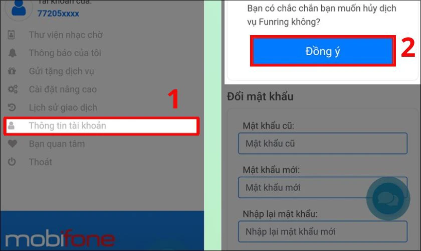Nhấp v&agrave;o n&uacute;t Hủy ương ứng với dịch vụ nhạc chờ