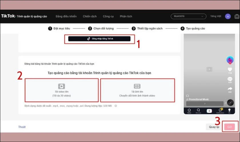Đăng nhập t&agrave;i khoản TikTok, tải l&ecirc;n video hoặc h&igrave;nh ảnh v&agrave; nhấn Gửi