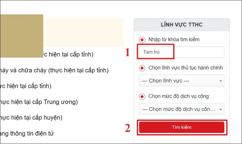 Nhập từ khóa Tạm trú và nhấn Tìm kiếm