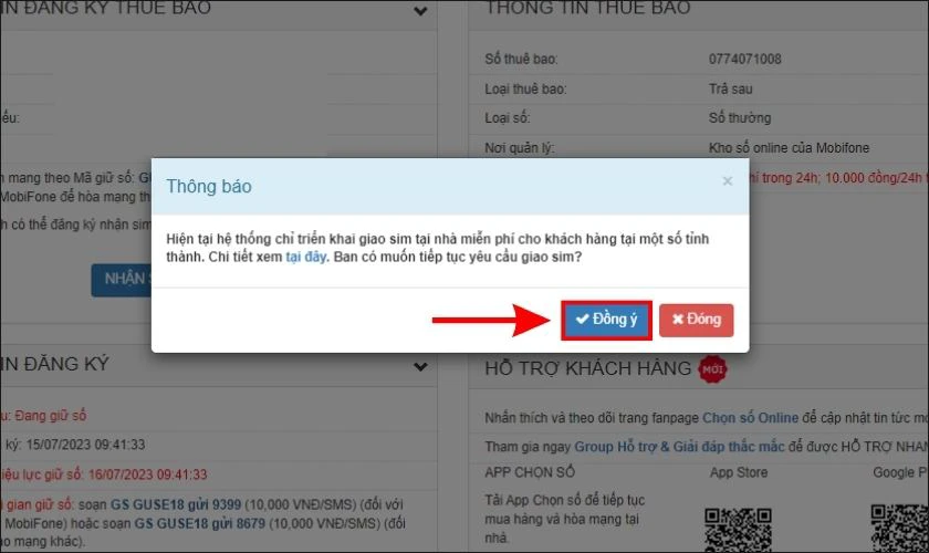 Chọn v&agrave;o n&uacute;t Đồng &yacute; để x&aacute;c nhận mua SIM