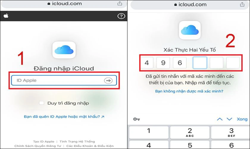 Đăng nhập tài khoản iCloud và nhập mã xác thực