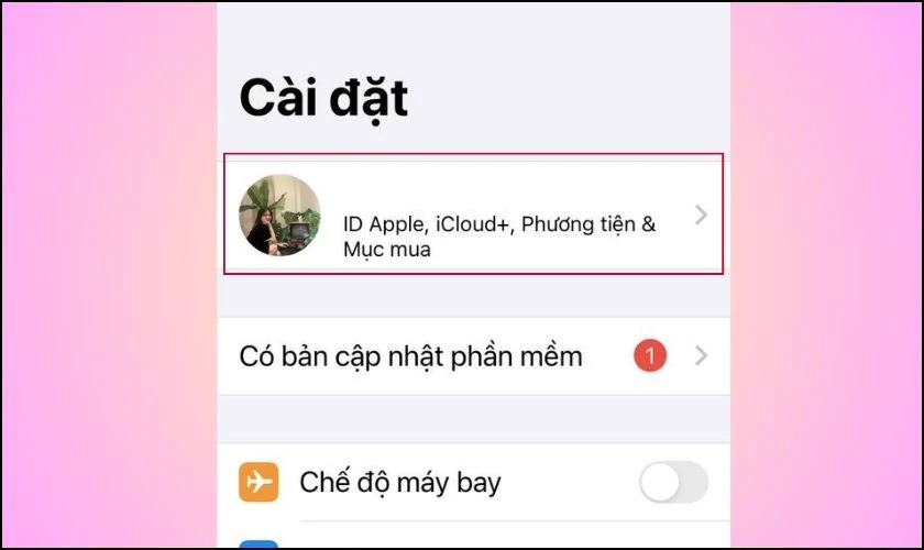 V&agrave;o mục ID Apple, iCloud+, Phương tiện & Mục mua tại C&agrave;i đặt