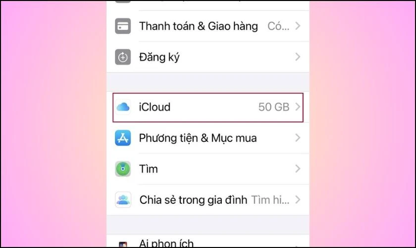 V&agrave;o C&agrave;i đặt v&agrave; chọn v&agrave;o mục iCloud