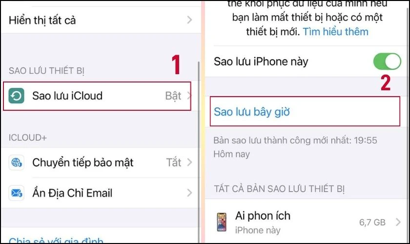 Ấn v&agrave;o Sao lưu b&acirc;y giờ để sao lưu