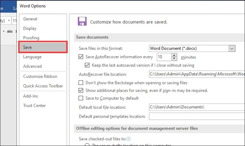 Trong hộp thoại Word Options chọn mục Save