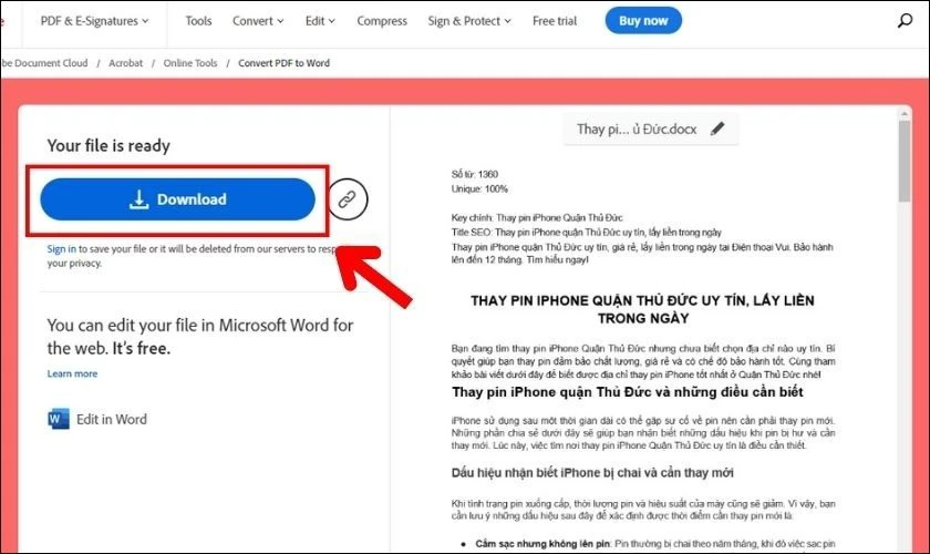 Tải file Word sau khi được ch&egrave;n về m&aacute;y