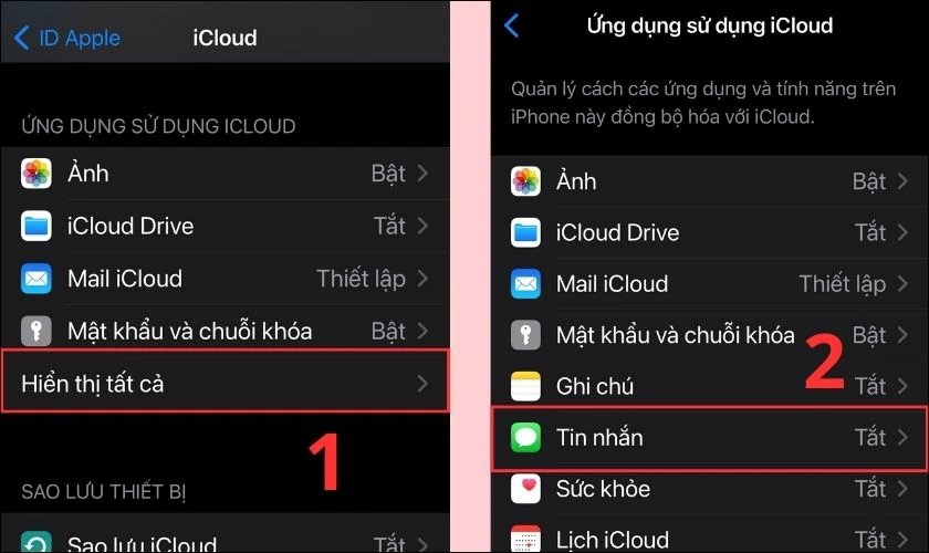 Ở phần Ứng dụng sử dụng iCloud, nhấn chọn Hiển thị tất cả rồi nhấn mục Tin nhắn