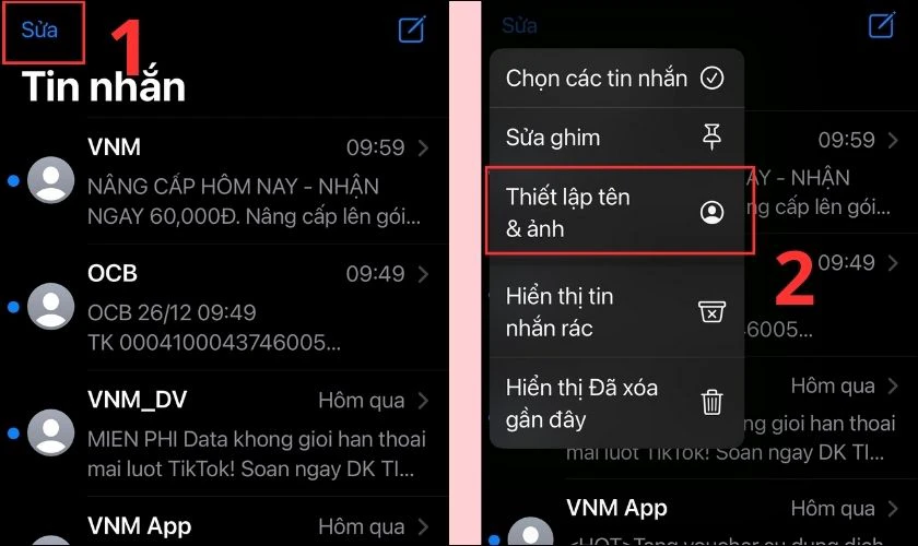 Chọn mục Sửa trong Tin nhắn rồi chọn Thiết lập t&ecirc;n & ảnh