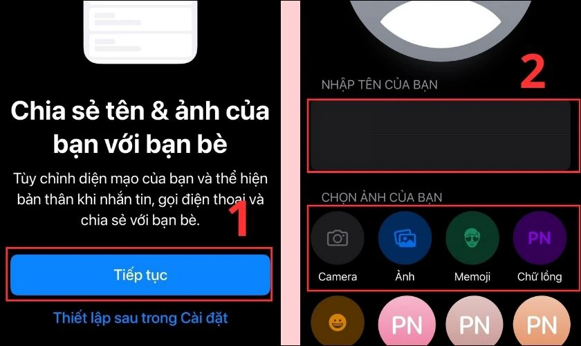 Nhấn Tiếp tục để tiến h&agrave;nh chia sẻ t&ecirc;n v&agrave; ảnh cho bạn b&egrave;