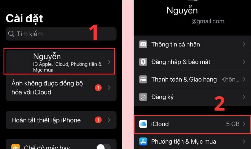 V&agrave;o C&agrave;i đặt, nhấp v&agrave;o mục T&ecirc;n của bạn v&agrave; chọn iCloud