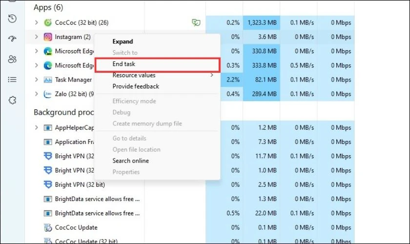 Nhấn chuột phải v&agrave;o ứng dụng Instagram v&agrave; chọn End task