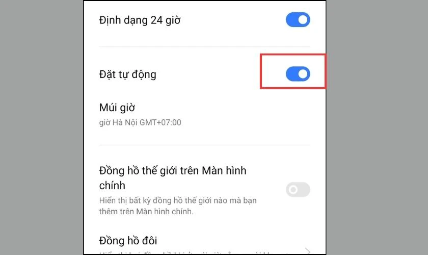Bật chế độ đặt tự động để bật t&iacute;nh năng đồng bộ thời gian