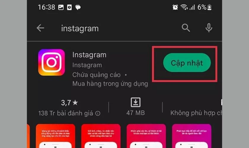 Cập nhật ứng dụng Instagram khi bị lỗi kh&ocirc;ng đăng nhập được