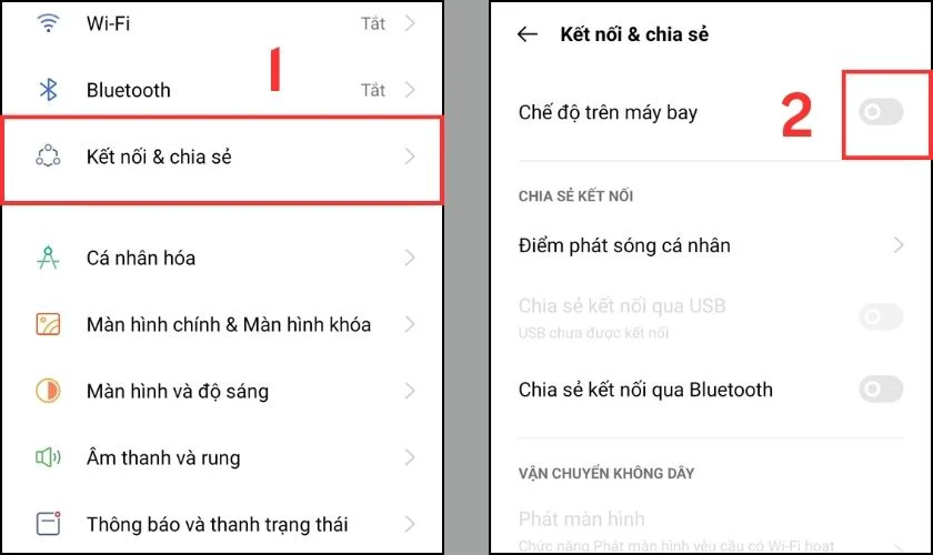 Bật tắt chế độ m&aacute;y bay trong c&agrave;i đặt của điện thoại