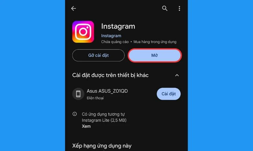 Bấm Cập nhật để update Instagram