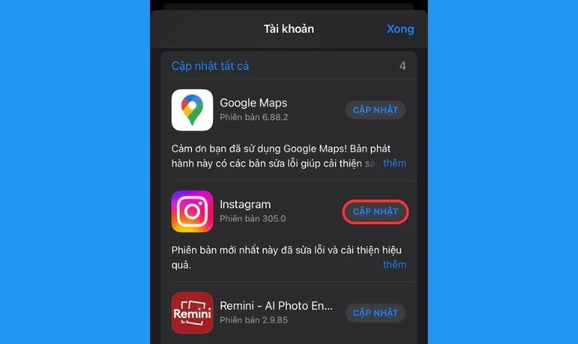 T&igrave;m ứng dụng Instagram v&agrave; bấm Cập nhật