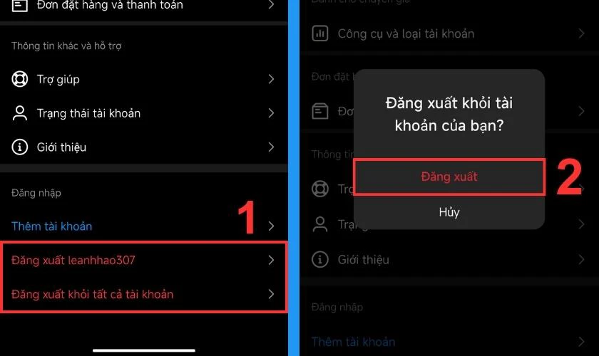 Chọn mục Đăng xuất hoặc Đăng xuất khỏi tất cả c&aacute;c t&agrave;i khoản