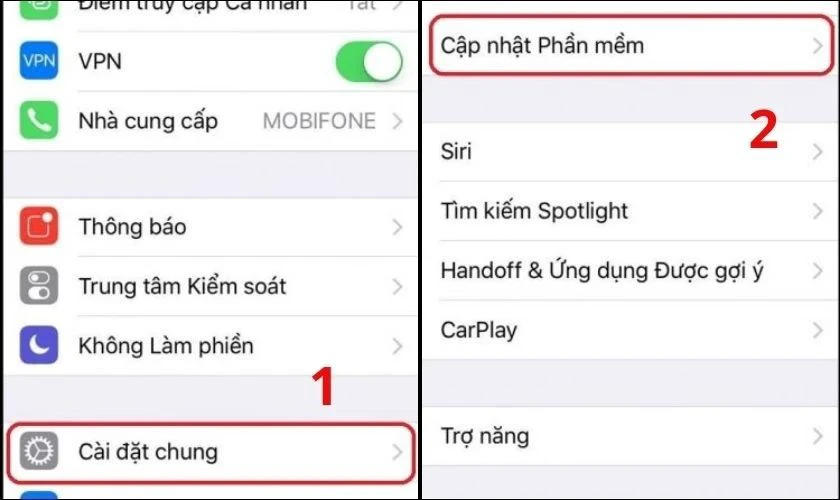 Chọn vào Cài đặt chung và chọn tiếp Cập nhật phần mềm