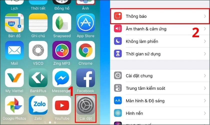 V&agrave;o phần C&agrave;i đặt tr&ecirc;n điện thoại, sau đ&oacute; chọn Th&ocirc;ng b&aacute;o