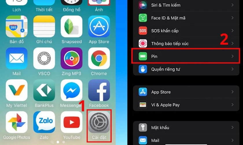 V&agrave;o C&agrave;i đặt, sau đ&oacute; v&agrave;o mục Pin