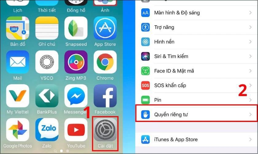 Nhấn v&agrave;o biểu tượng C&agrave;i đặt, sau đ&oacute; chọn Quyền ri&ecirc;ng tư