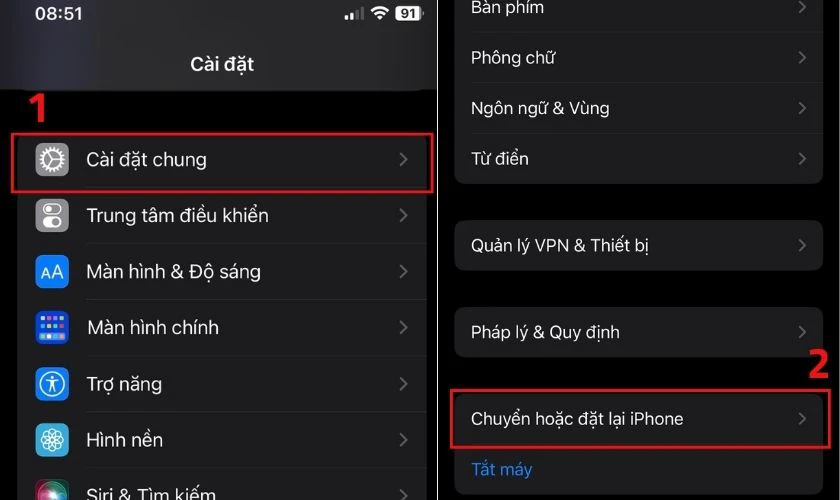 Nhấn v&agrave;o Chuyển hoặc đặt lại iPhone