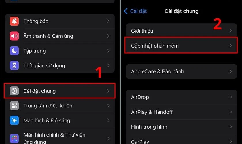 Mở C&agrave;i đặt, chọn C&agrave;i đặt chung, chọn tiếp v&agrave;o mục Cập nhật phần mềm