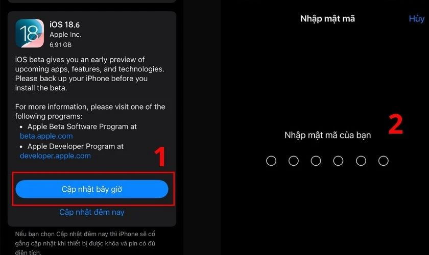 Khi iOS 18.6 xuất hiện, chọn Cập nhật b&acirc;y giờ